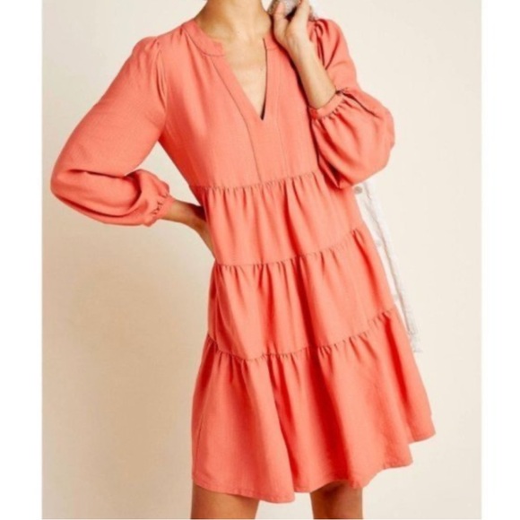 Anthropologie Dresses & Skirts - Anthropologie Coral Tiered Long-Sleeve Dress